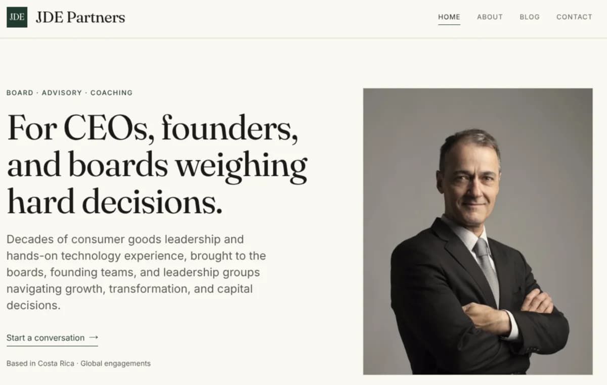 Screenshot of the JDE Partners home page