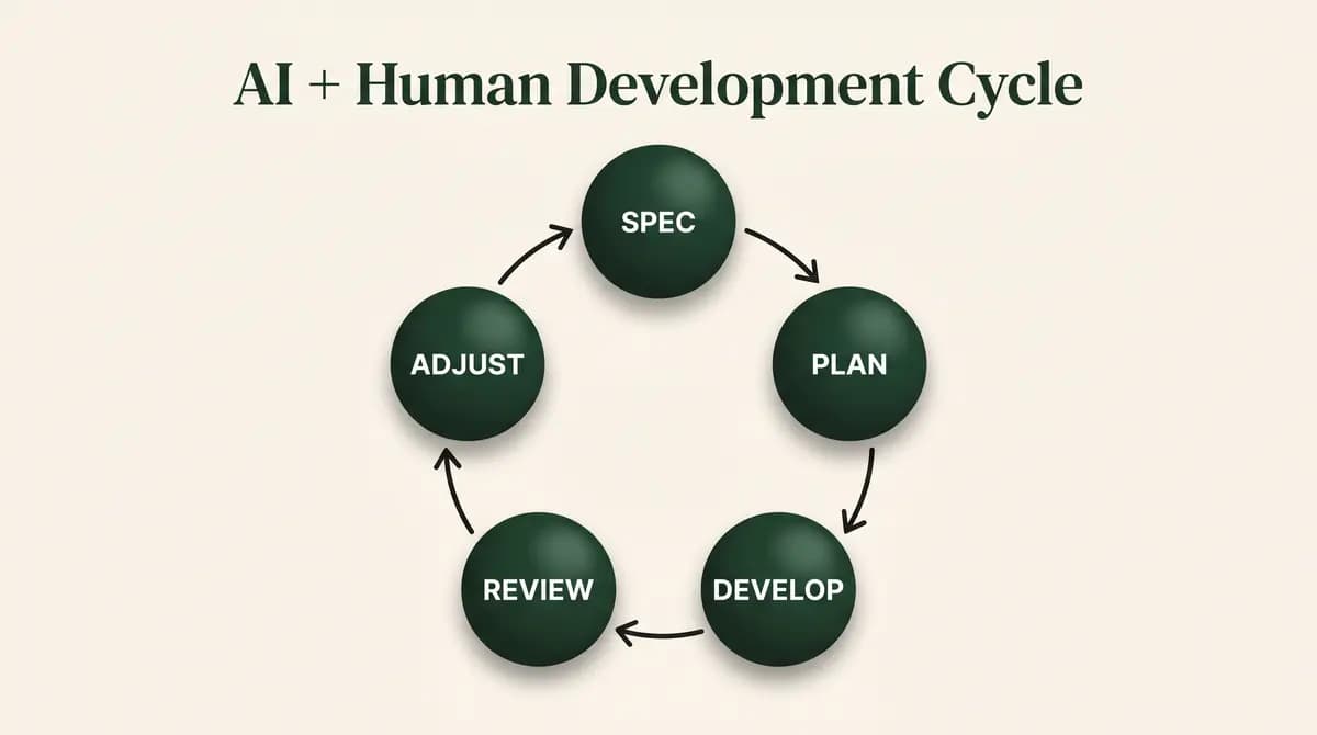 Diagram titled 'AI + Human Development Cycle': five linked stages in a clockwise loop — Spec, Plan, Develop, Review, Adjust